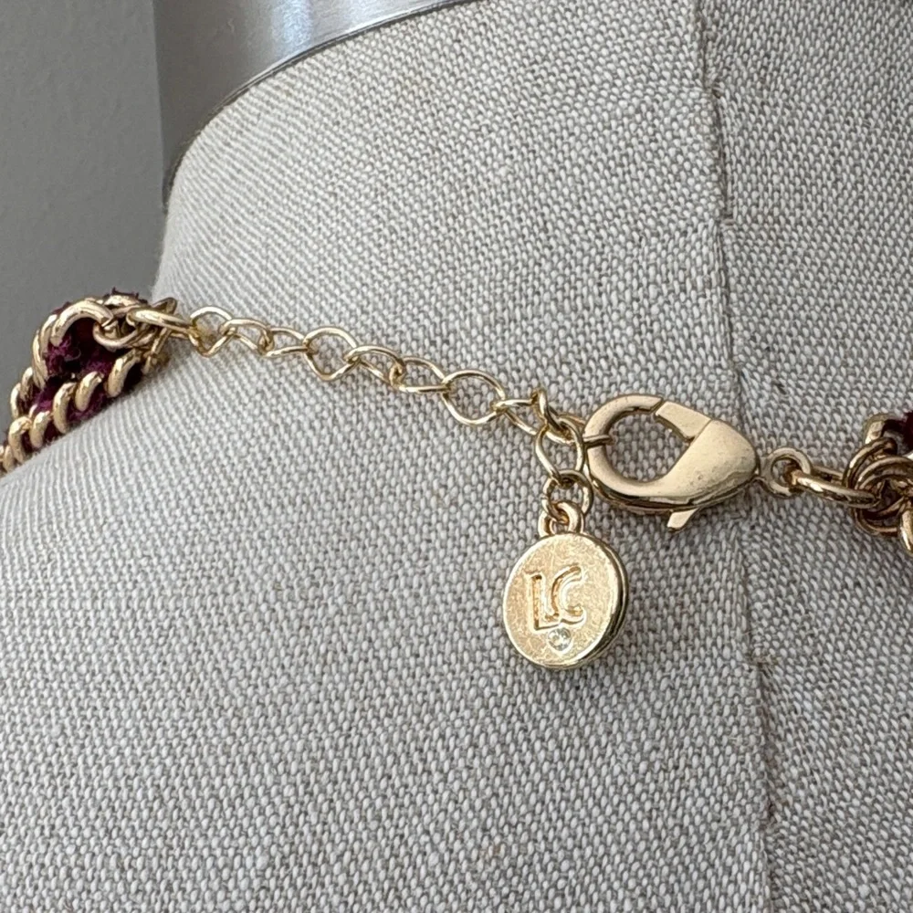 Liz Claiborne Gold and Burgundy braided velvet layered  Chain Necklace
